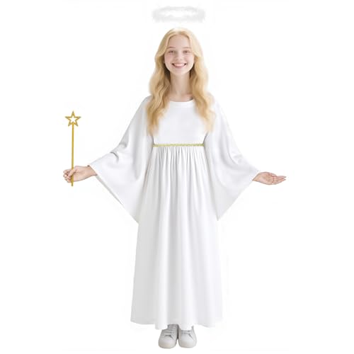 AYBUY Disfraces de ángel, 3pcs Disfraz de Ángel Blanco para Niña, Halo, Varita de Princesa, divertidos accesorios para niños Navidad Halloween Fiestas de Disfraces, 140 - Blanco