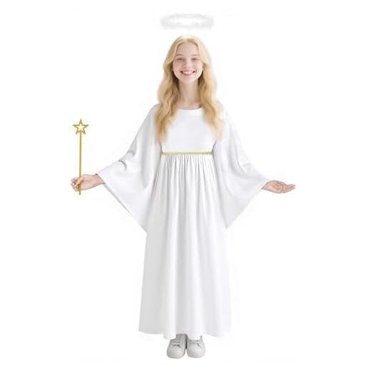AYBUY Disfraces de ángel, 3pcs Disfraz de Ángel Blanco para Niña, Halo, Varita de Princesa, divertidos accesorios para niños Navidad Halloween Fiestas de Disfraces, 140 - Blanco
