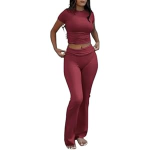 Two Piece Lounge Sets for Women Fold Over Flare Pants Short Sleeve Crop Top Y2k Outfits Matching Set Tracksuit Wine Red X-Small