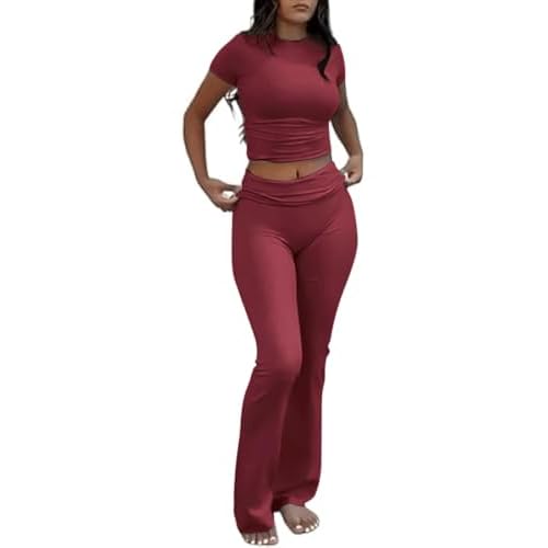 Two Piece Lounge Sets for Women Fold Over Flare Pants Short Sleeve Crop Top Y2k Outfits Matching Set Tracksuit Wine Red Medium