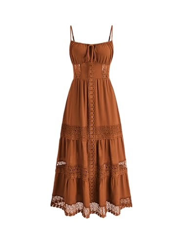 CIDER Maxi Dress for Women Lace Trim Tiered Cami Bohemian Holiday Vacation Square Neck Sleeveless Dress