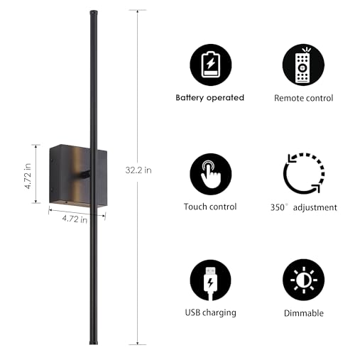 Image of KARTOOSH 32.2 Inch Wall Sconces Battery Operated for Living Room Black | Rechargeable Wireless Wall Lamp Set of 2, 3000K Warm White Dimmable Wall Light Remote Control Indoor Lighting for Bedroom