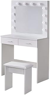 TUKAILAi White Dressing Table Set with Hollywood LED Lights, Mirror, 2 Large Drawers and Stool Vanity Makeup Table with Adjustable 3 Color LED Lights for Bedroom Girl Women
