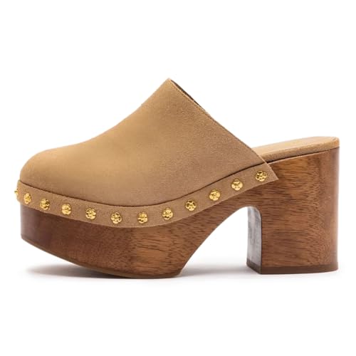 Wansseny Women Closed Round Toe Studded Platform Mules Slip on Cork Chunky Block High Heel Sandals Comfy Insole Fashion Slides Size 6.5 Sandy Brown
