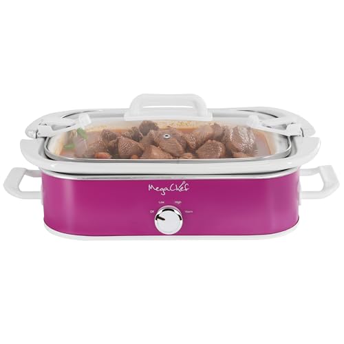 MegaChef 3.5 Quart Rectangle Casserole Slow Cooker with 3 Temperature Settings Carry Handles and Locking Tempered Glass Lid (Purple)