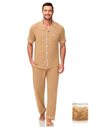 Image of Mens Pajamas Set Short Sleeve Sleepwear Button Down Loungewear Set Soft Modal 2Pcs Pj Set with Pockets S-3XL