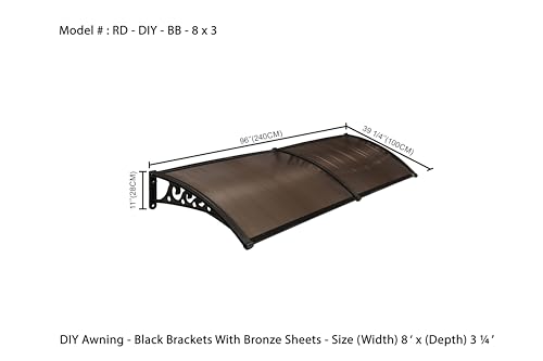 Image of CHENNAI Window Blinds and Shades DIY Polycarbonate Awning (Engineered Plastic Brackets) Window Sunshade Door Weather Shed Rain Canopy Awnings - 8'Widthx3'Depth (Black Brackets & Bronze Sheets)