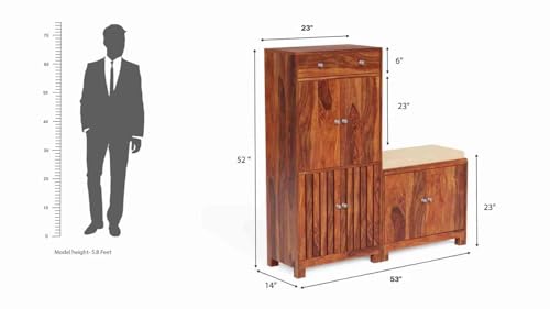 Image of Wooden Shoe Rack with Seat | Shoe Cabinet with Seating Closed Door for Home | Sheesham Wood with Drawer Storage Organiser | Honey Finish | 53x14x52 Inch