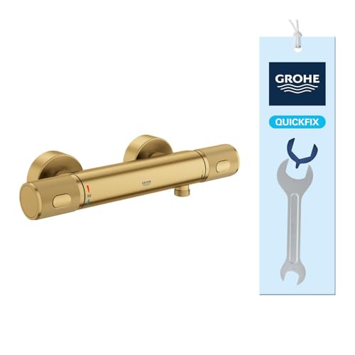 GROHE Precision Feel – Grifo termostático de ducha visto (mandos moleteados, botón a 38°C, EcoButton, florón metálico), Brushed Gold, 34790GN0