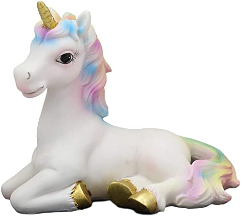 Ebros Pastel Colors Majestic Rainbow Mane Unicorn Mare Horse with Golden Horn Figurine Collectible Decor Magical Unicorns Theme (Sitting in Repose)