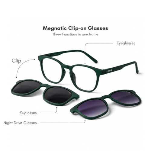 Image of 3 in 1 Clip On Sunglasses for Men & Women | Classic Lightweight Square Frame Zero Power Eyeglasses | Polarized Lens with UV400 | Night Vision Clip On for Driving