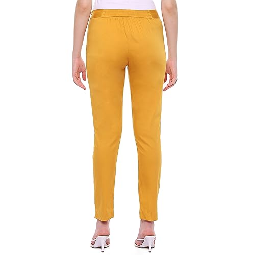 Image of Rangriti Peach Poplin Lycra Slim Solid Slim Pants for Women