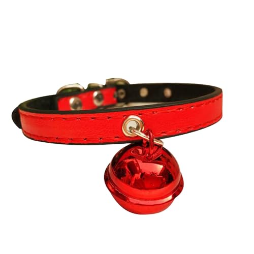 Collar de cuero para gatos con campana, collares ajustables para mascotas pequeñas, collar y campana para gatos y perros, collares bordados para perros (rojo, XS)