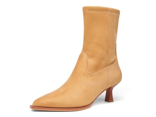 Coutgo Womens Pointed Toe Ankle Boots Stacked Kitten Low Heel Side Zipper Fall Booties Shoes, Khaki, Size 9.5