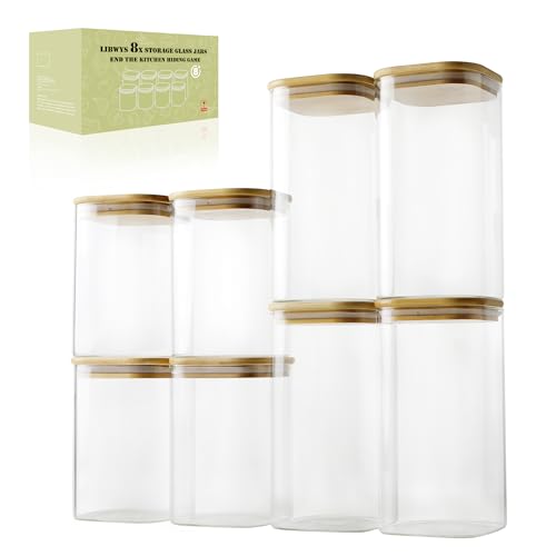 LIBWYS 8er Set Vorratsgläser mit Bamboos Deckel Eckig Vorratsdose Glas - in 2 Größen: 1150 ml; 1580 ml - 8pcs Plus Edition
