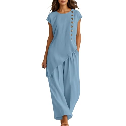 Conjunto bohemio de lino premium con detalles de botones y pantalón palazzo fluido elegante
