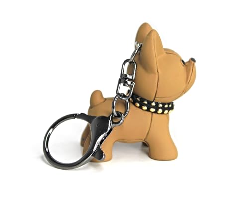 DUB SPENCER Süßer French Bulldog Hunde Miniatur Figur Schlüsselanhänger als Französische Bulldogge mit Leder Anhänger, Karabiner & Schlüsselring in 4 Farben + Aufkleber (Braun)