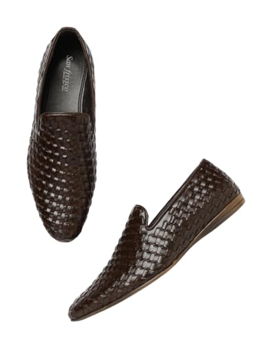Image of San Frissco Leather Basketweave Handcrafted Leather Slip-Ons Regular Styling Cushioned Footbed|Comfortable Fashionable Stylish Flexible for Men