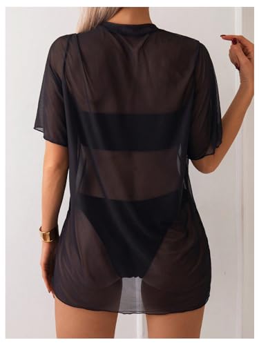 Verdusa Women's Skull Hand Print Beach Cover Ups Swimsuit Vintage Short Sleeve Crew Neck Mini Dress2