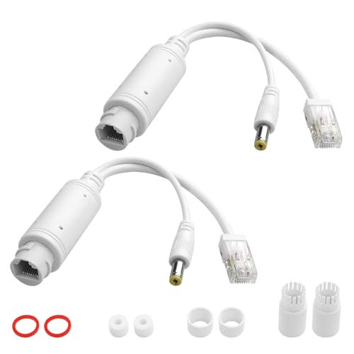 Divisor PoE 48 V a 12 V impermeable para alimentación por Ethernet, 12 W (máx.), con conector DC de 5,5 x 2,1 mm, compatible con estándares IEEE 802.3af/at, ideal para cámaras IP de seguridad (paquete de 2 unidades) miniatura 1