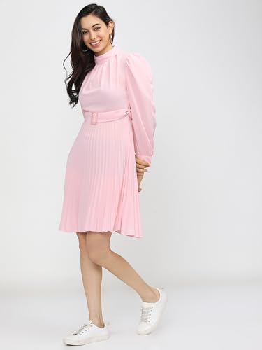 Image of Tokyo Talkies Women's Elegant A-Line Dress with Belt & Pleated Dress- Sophisticated Full-Sleeve Style for Any Occasion