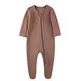 O2 BABY Baby Boys Girls Organic Cotton Zip Front Sleeper Pajamas, Footed Sleep 'n Play（0-3 Months, Brown）