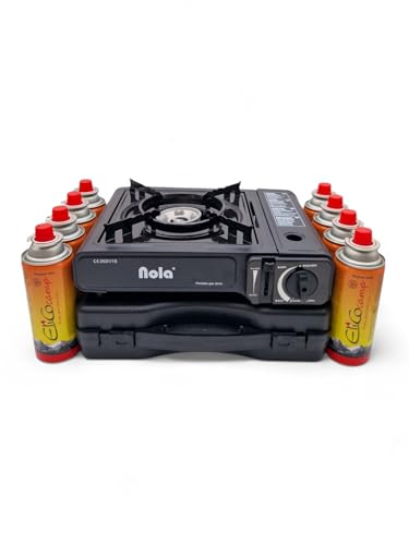 Fornello a gas con 8 cartucce a gas da 220 g + valigetta, fornello a gas butano da campeggio, set da campeggio, attività all'aria aperta, fornello per valigie NOLA