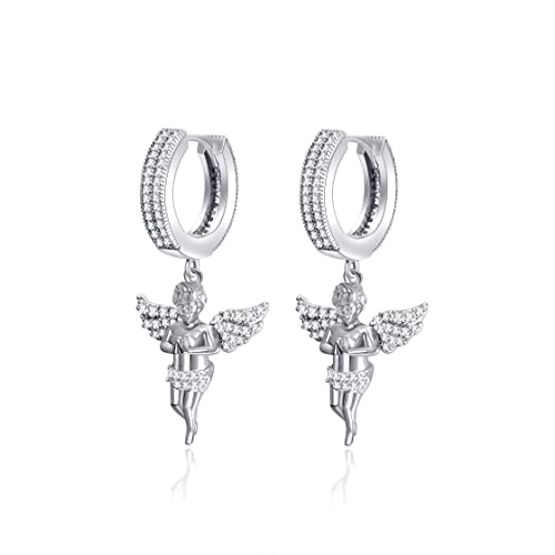 Helloice Praying Angel Wing Earrings Iced Out Dangle Drop Earrings 18K White Gold Plated 5A Cz Stone Dangling Earrings Lightweight Religious Earrings For Women & Men #TOP6
