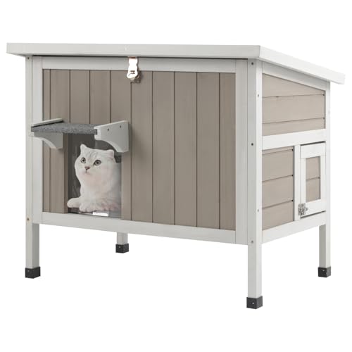 30.7" L Cat House,Waterproof Cat Shelter for Feral Cats,Outdoor Weatherproof Cat Enclosure with Asphalt Roof & 2 Escape Doors for Winter Small Cats,Gr