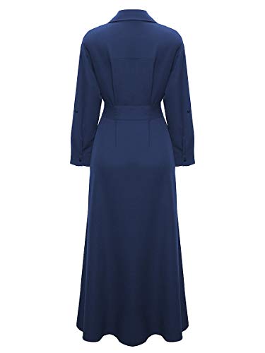 Verwin Women Long Sleeve Loose Elegant Maxi Dress Button Down Up Shirt Long Dress With Pockets And Belts Blue S #TOP5