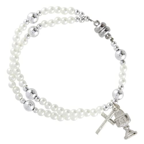 Image of Needzo First Communion Imitation Pearl Rosary Bracelet with Cross and Chalice Charms, Baptism Jewelry Gift, One Size Fits Most