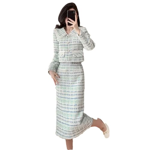 Women Elegant Tweed Tassel Edge High Waist Long Skirt Two Piece Suits