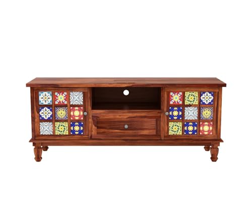 Image of Solid Wood TV Unit for Living Room 55 Inch Furniture - Wooden TV Unit with Storage Cabinet with 1 Drawr, 3 Shelves Wooden TV Cabinet for Living Room - Fits up to 55-Inch TV (Weston)