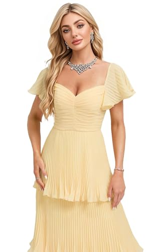 Women's Pleated Tiered Chiffon Bridesmaid Dresses Long Short Sleeve Formal Evening Party Dress with Pocket HO0674