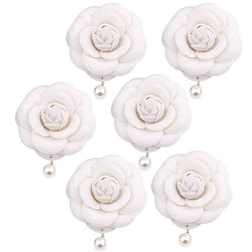6PCS Camellia Pearl Brooch Corsage Brooch with Pearl Floral Flower Pin Brooch Costume Jewelry Dress for Scarves Chest Neckline Hat Clothing Decoration (Beige)