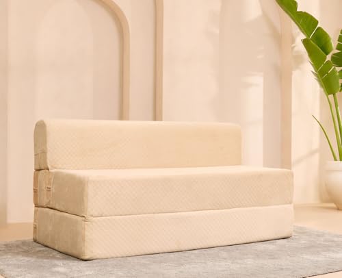 Image of uberlyfe Xtra High, Xtra Soft 3 Seater (5' x 6') Sofa Cum Bed | 1 Year Warranty | 17 inch Sofa Height | Queen Size Foldable Bed | Plush Laser Quilted Fabric | Champagne Beige Color