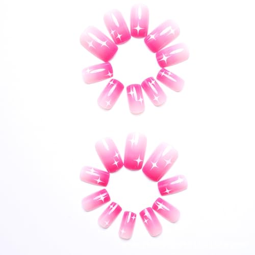 Red Pink Gradient Press on Nails Medium Square Fake Nails with Designs Star Stick on Nails Glossy Ombre False Nails Gel Pink Glue on Nails Short Acrylic Nails for Coquette Women Girls Manicure 24Pcs - Image 4