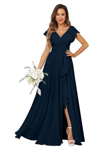 V Neck Chiffon Bridesmaid Dresses for Women Long Empire Waist Formal Dress with Slit LN14