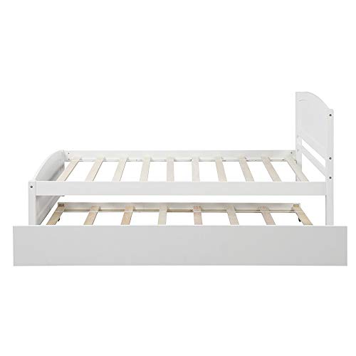 Twin Platform Bed with Trundle, Rockjame Minimalistic Stylish Wood Bed Frame, Easy to Install, Suitable for Kids, Teens and Adults (White)