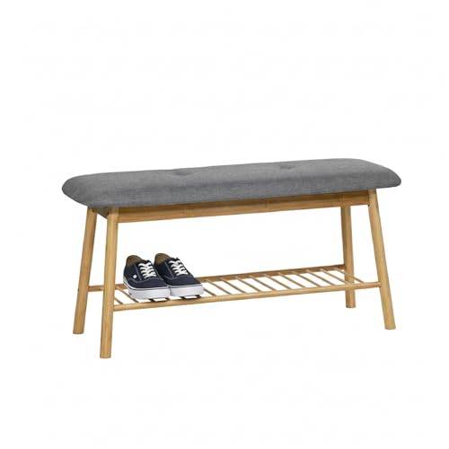 BRINDEK Banco Zapatero de bambú | Asiento Acolchado Gris | Descalzadora Entrada 89x31x45 cm | Mueble recibidor con Estante para Zapatos | Diseño escandinavo Resistente a la Humedad | Montaje fácil