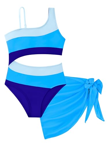 UIQUR Girls Swimsuit One Piece Bathing Suit with Mesh Cover Up Adjustable Straps Paded Teen Swimwear Beach Vacation Blue 13-14 Years