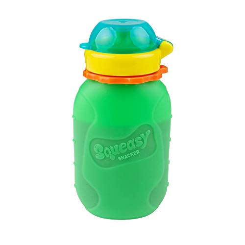 Green 6 oz Squeasy Snacker Spill Proof Silicone Reusable Food Pouch - for Both Soft Foods and Liquids - Water, Apple Sauce, Yogurt, Smoothies, Baby Food - Dishwasher Safe