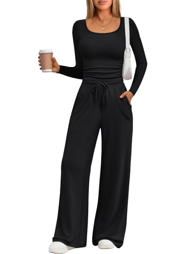 Trendy Queen 2 Two Piece Matching Lounge Set Womens 2025 Early Fall Outfits Fashion Must Have Y2K Comfy Airport Travel Quiet Luxury Clothes Wide Leg Pants Sweatsuit Sets Winter Clothing