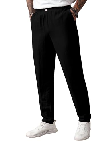 Image of TAGDO Men's Cotton Casual Premium Linen Blend Pants | Lightweight & Breathable Fabric | Elastic Waist with Button | Loose Fit | Perfect for Holidays & Travel (2055)