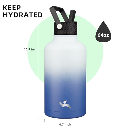 Image of Konokyo Half Gallon Insulated Water Bottle with Straw,64 oz 3 Lids Water Jug with Carrying Bag,Paracord Handle, Double Wall Vacuum Stainless Steel Metal Flask,Sky (Pack of 2)