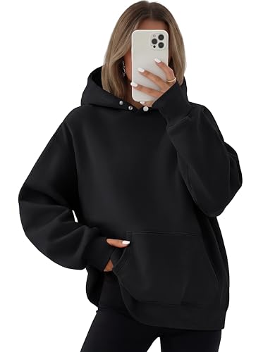 MAGCOMSEN Hoodies for Women Fleece Oversized Sweatshirt Thermal Hooded Workout Warm Winter Sweaters With Buttons Black L