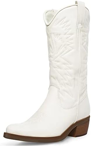 Dsevht White Cowgirl Boots Zipper Round Toe white Cowboy Boots Medium Chunky Heel,Womens Embroidered Western Wide Mid Calf Boots Fashion Pull-On