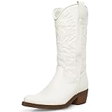 Dsevht White Cowgirl Boots Zipper Round Toe white Cowboy Boots Medium Chunky Heel,Womens Embroidered