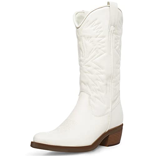 Dsevht White Cowgirl Boots Zipper Round Toe White Cowboy Boots Medium Chunky Heel,Womens Embroidered Western Wide Mid Calf Boots Fashion Pull-On #TOP30