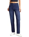 Rammus Straight Leg Jeans for Women Stretchy Pull on Sweatpant Jean Trendy Tummy Control High Waisted Denim Pants Dark Blue denim/L30 L